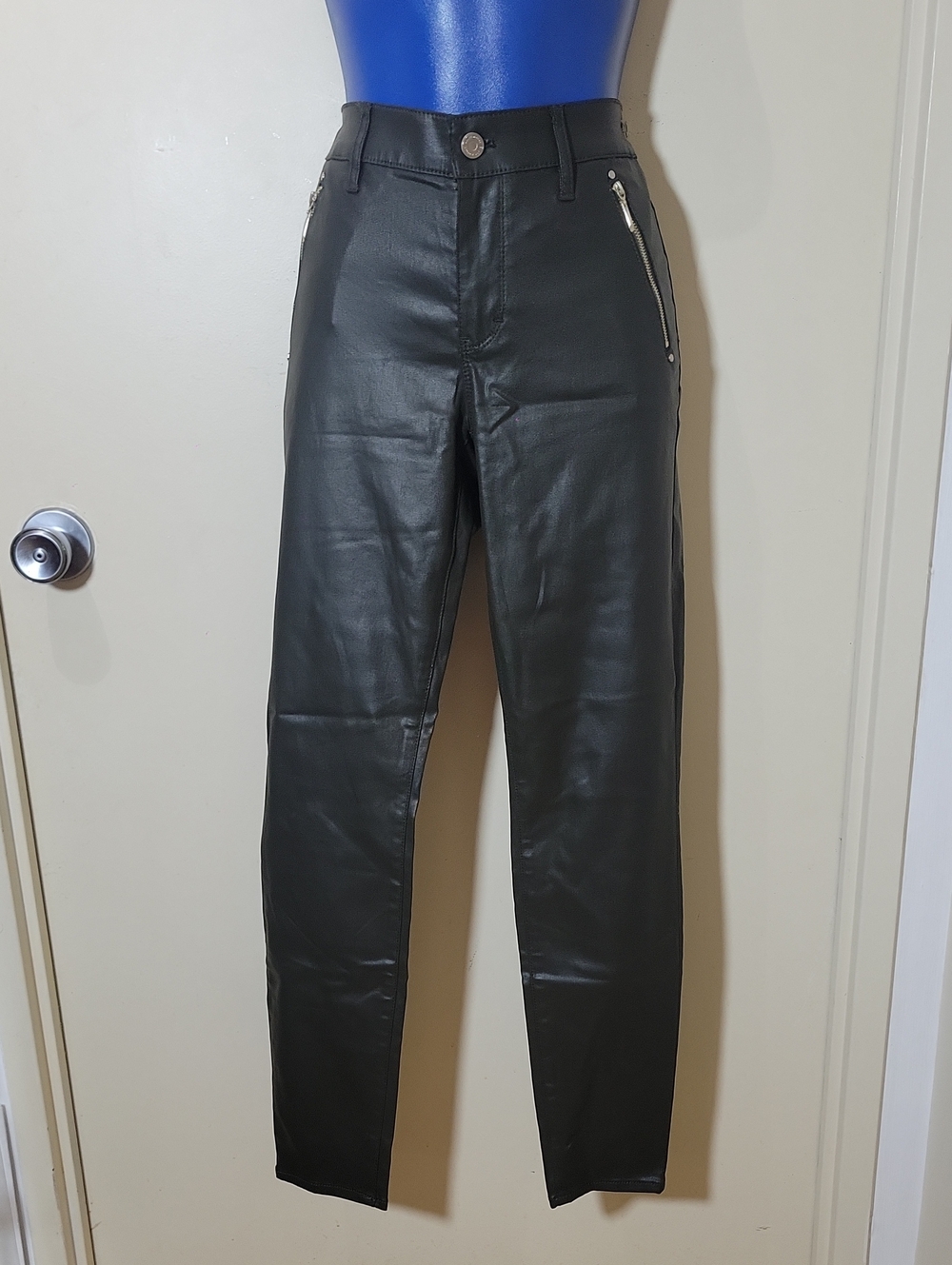 Women's Shiny Canvas Olive Green Pants with Zipper Pockets